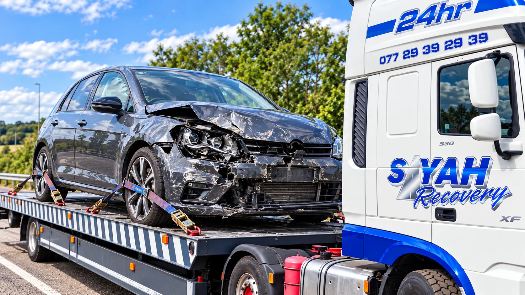 Accident-damaged car loaded on a recovery truck