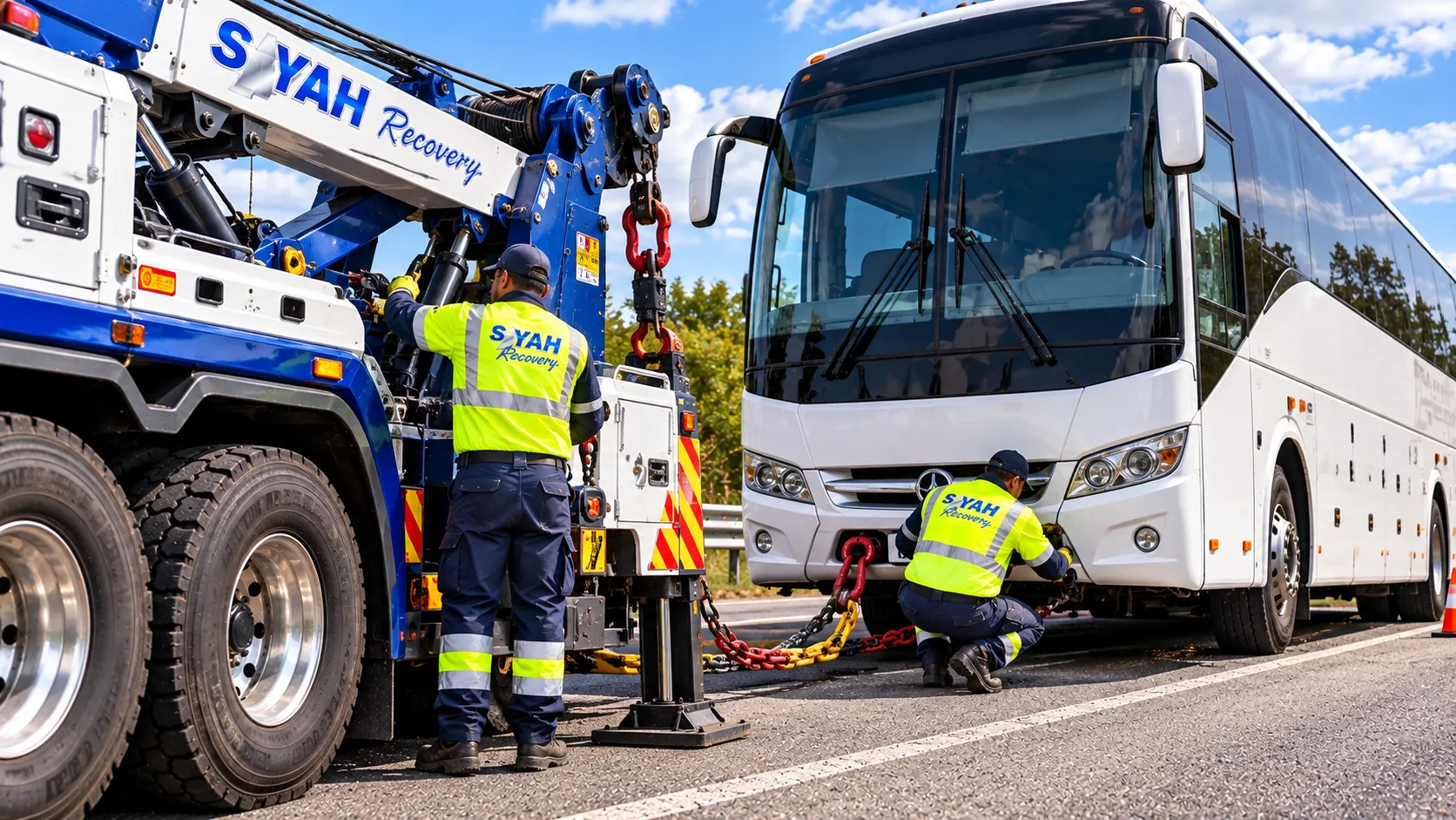 Broken-down bus being prepared for recovery