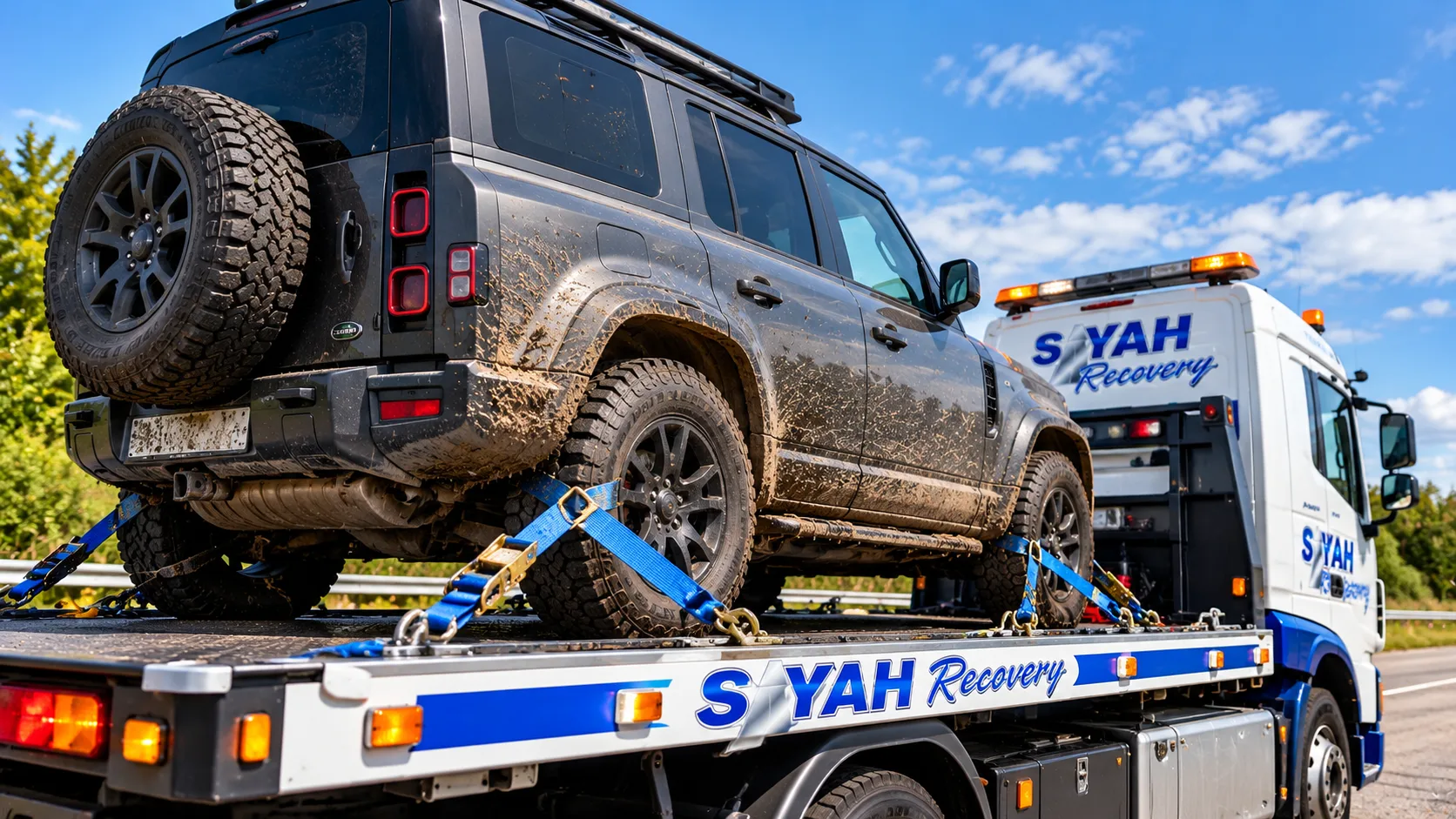 Car secured on a Sayah flatbed recovery truck
